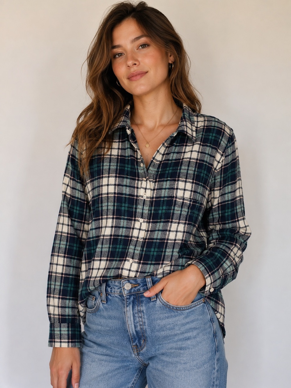 UNTUCKit Flannel Women’s Plaid  Shirt Blue Green Pink Cotton blend Fall layer16